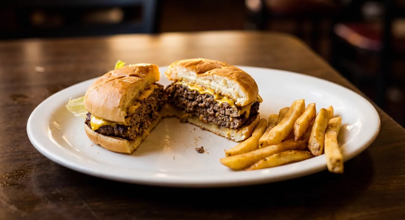 The same cheeseburger and fries at table height in warm light, the plate sharp and the room behind it thrown out of focus.