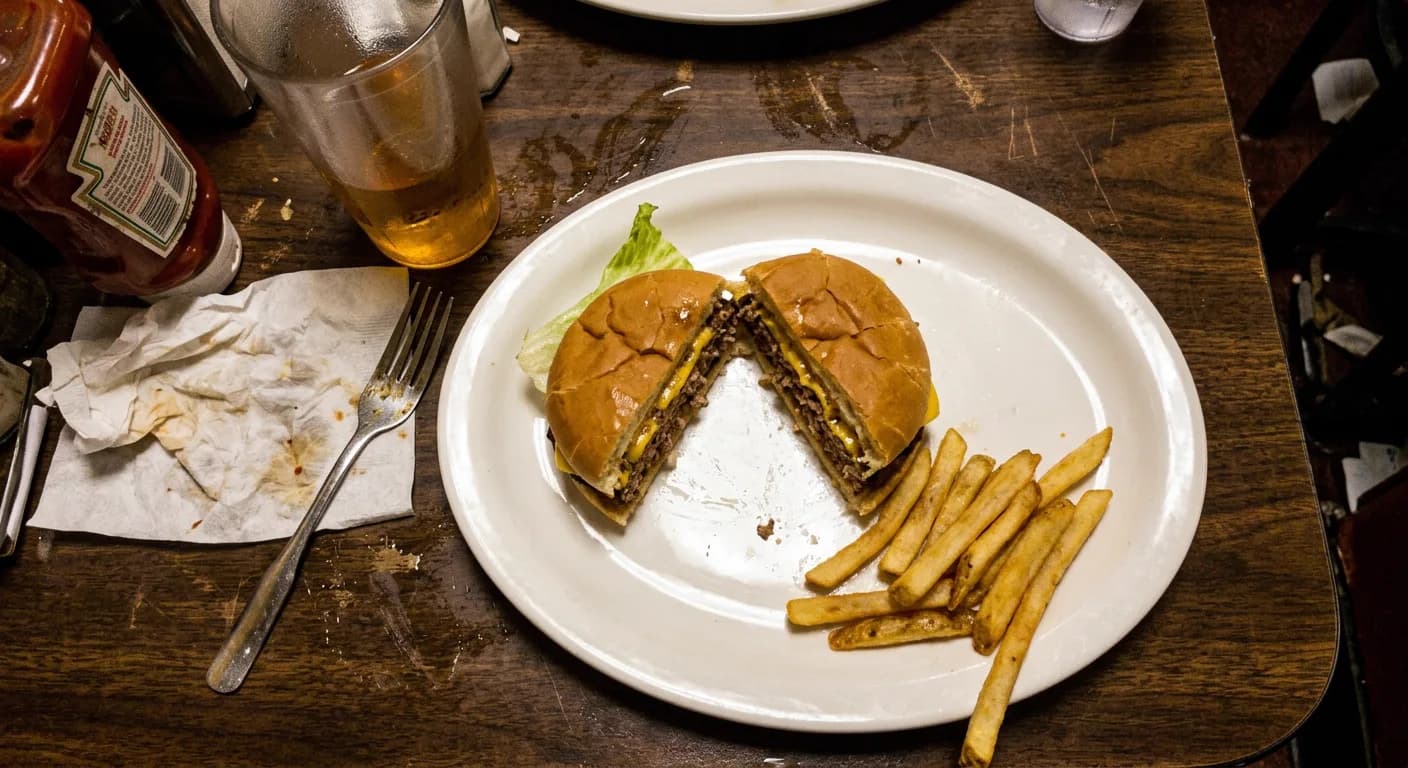 A cheeseburger cut in half on a white plate, shot from above with a phone flash on a scratched table crowded with a ketchup bottle, a used napkin and a half-drunk glass.